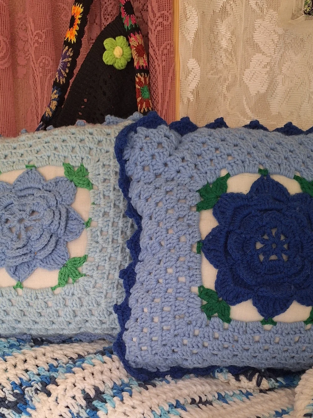 Vintage Handmade Crochet Floral Throw Pillows in Light & Royal Blue